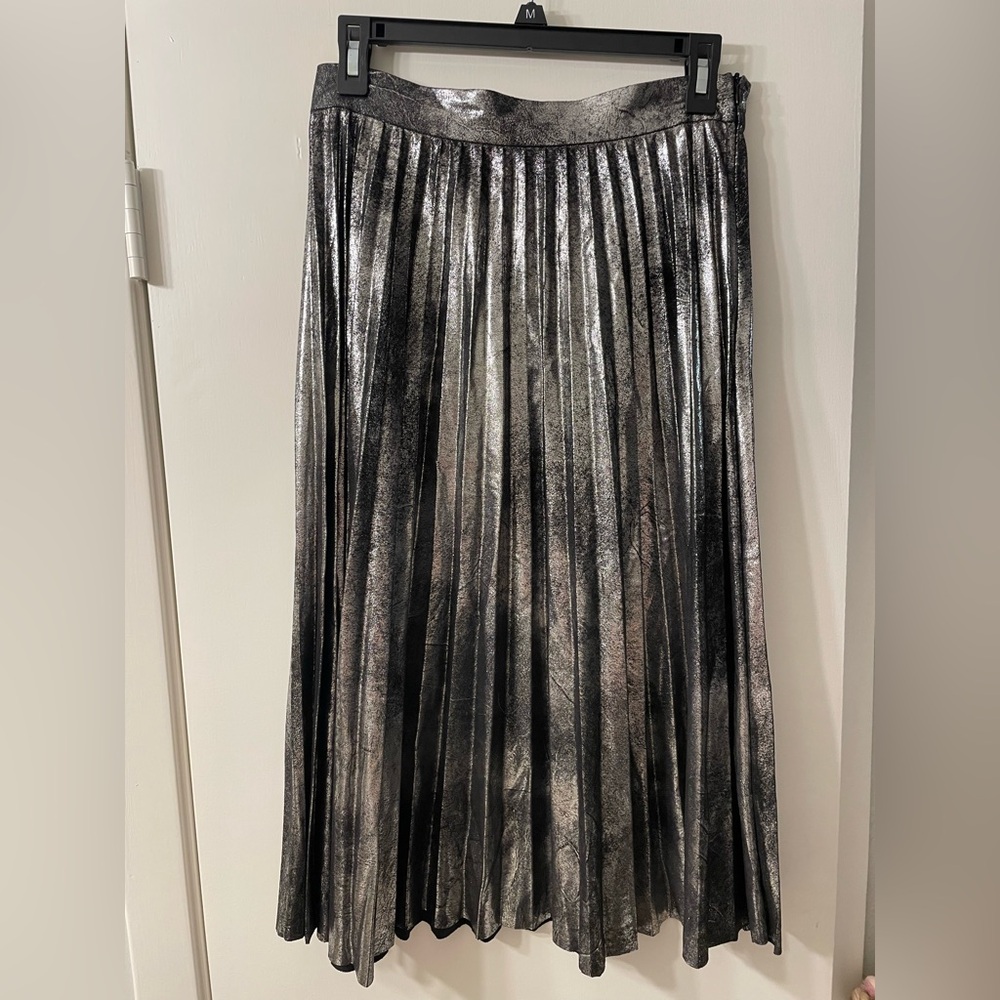Zara Metallic Silver Pleated A-Line Midi Skirt | Size Small